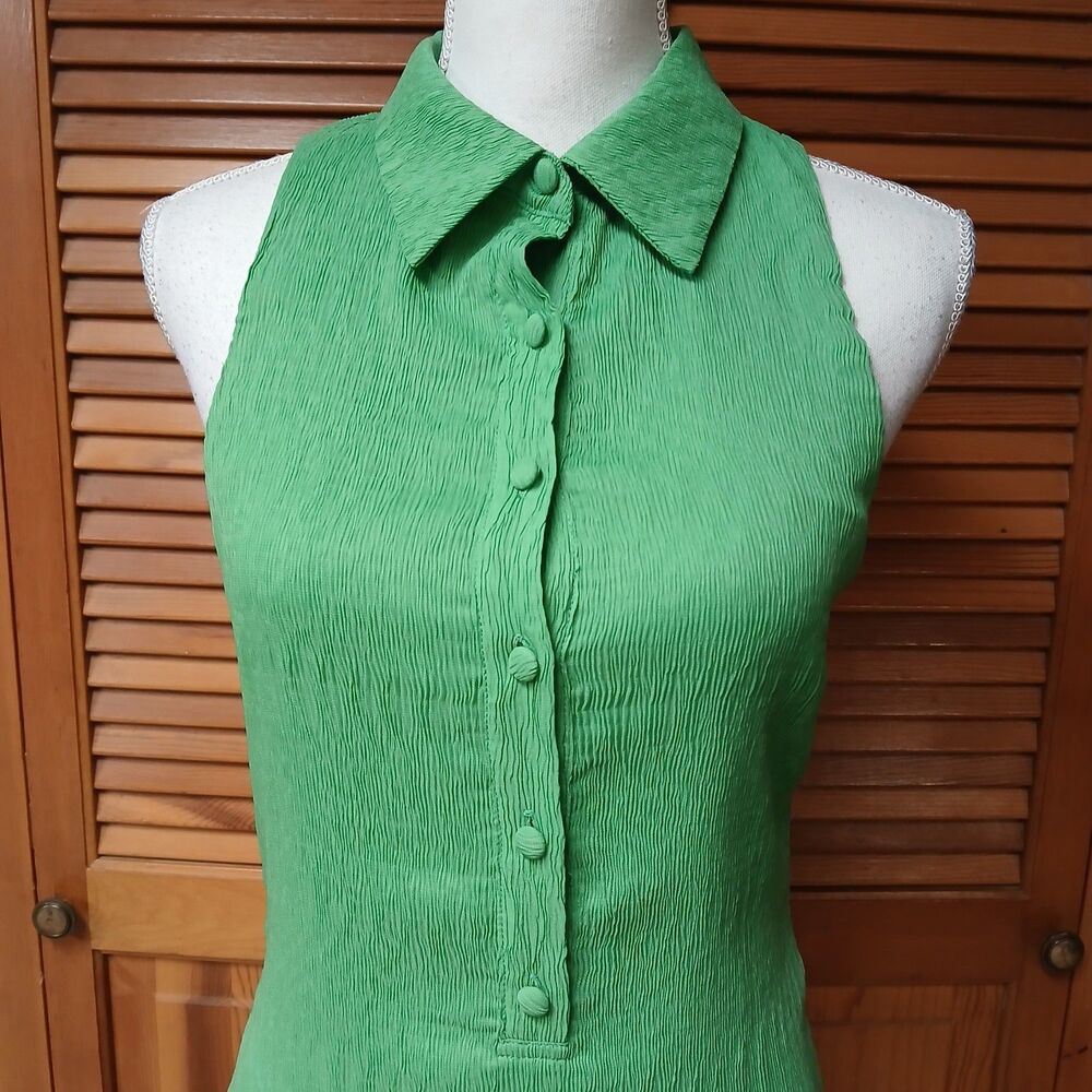 Camila Coelho Monica Crinkled Green Sleeveless Midi Shirt Dress Size Medium - Picture 4 of 12